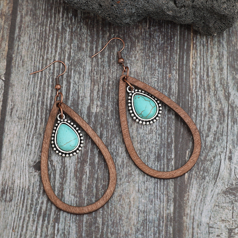 Wooden Turquoise Cutout Teardrop Earrings