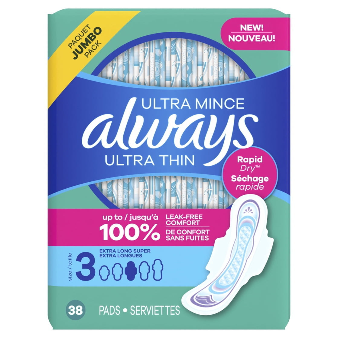 Always Ultra Thin Daytime Pads with Wings, Size 3, Unscented, 38ct