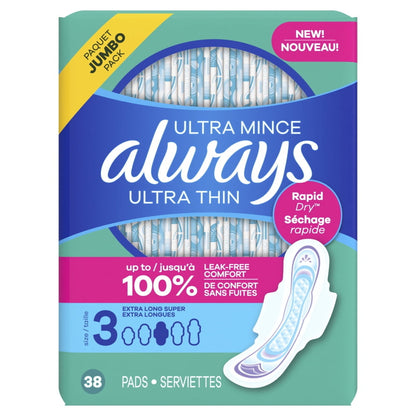 Always Ultra Thin Daytime Pads with Wings, Size 3, Unscented, 38ct