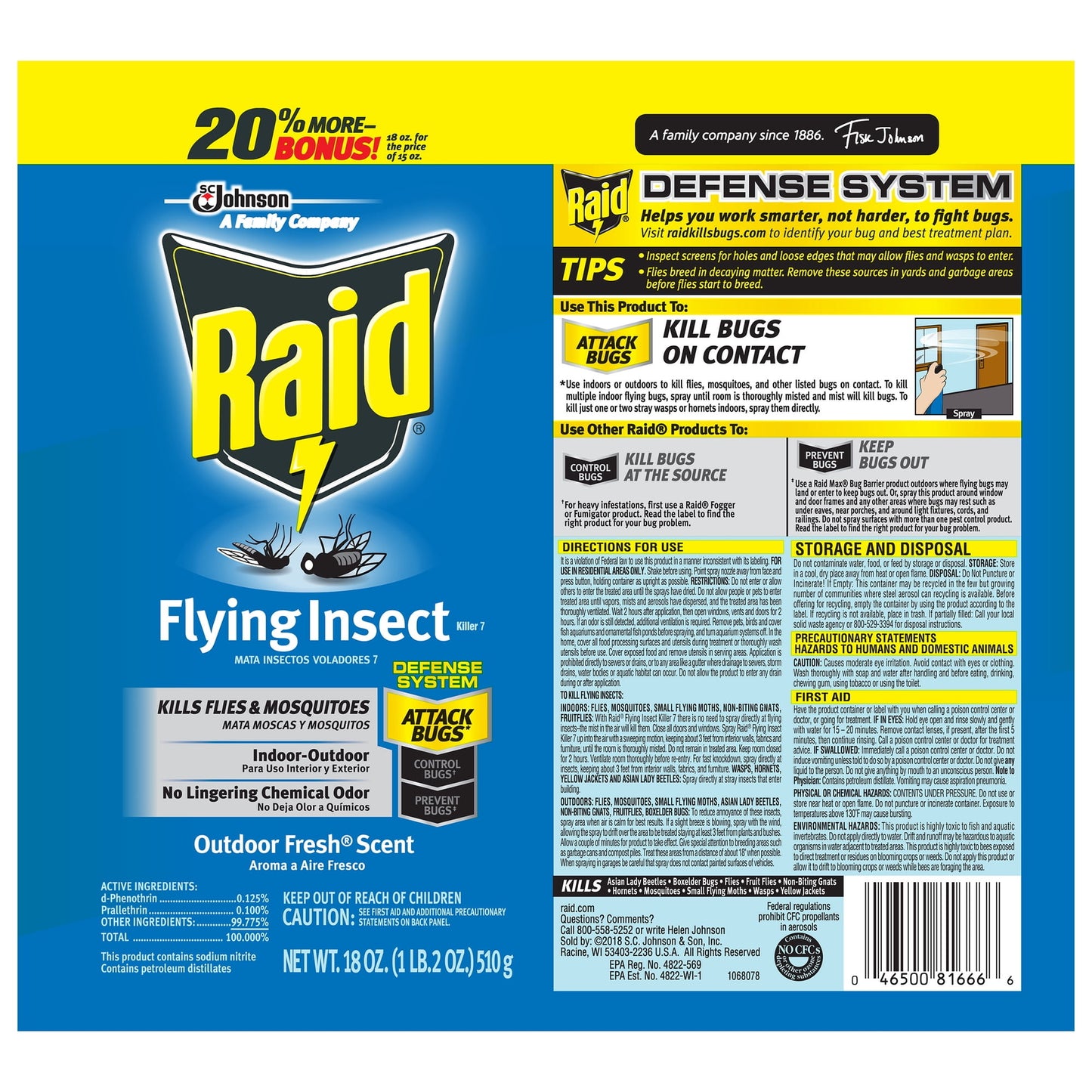 Raid Flying Insect Killer, Kills Flies, Mosquitoes, Gnats, and Fruit Flies, For Indoor and Outdoor Use, 18 oz