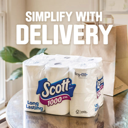 Scott 1000 Toilet Paper, 12 Rolls, 1,000 Sheets per Roll - Clog-Free Technology, Sustainable, Unscented - Bath, Tissue