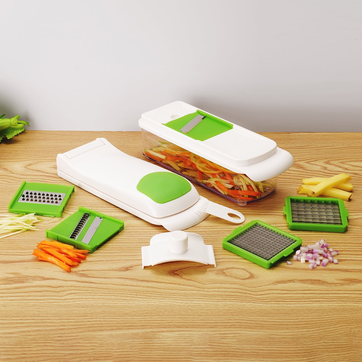 Mainstays 11 Pieces Multi-Function Nice Dicer and Mandoline, Stainless Steel, Green Glaze, 820g