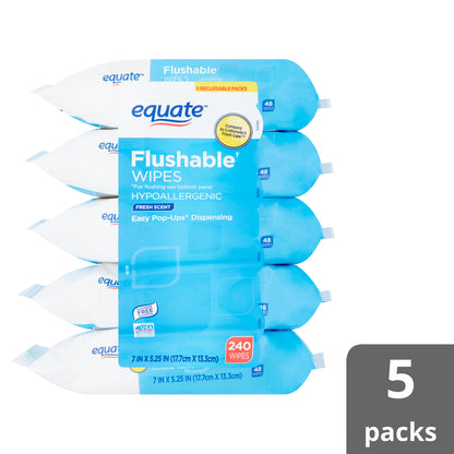 Equate Fresh Scent Flushable Wipes, 5 Packs of 48 Wipes, 240 Total Wipes - Hypoallergenic & Alcohol-Free - Cleaning, Flower