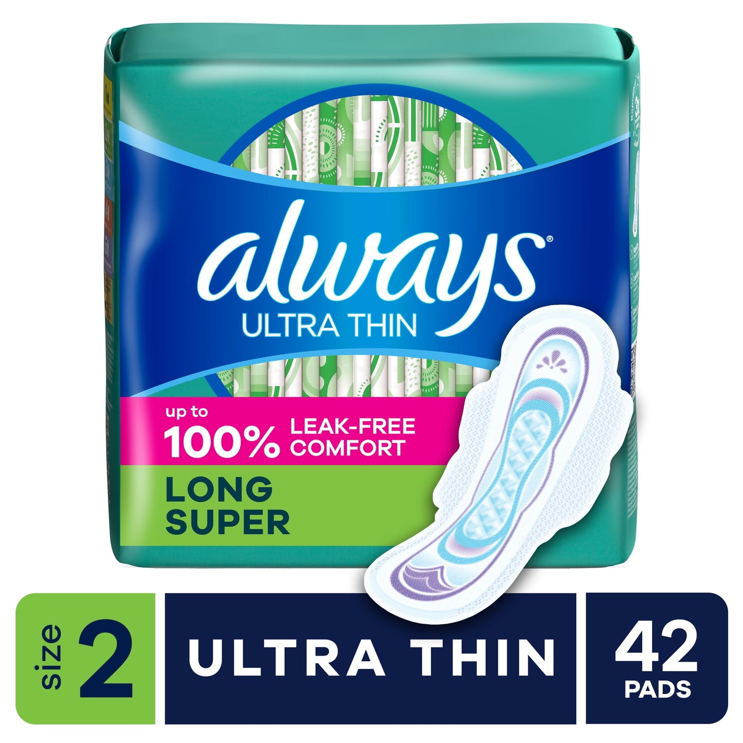 Always Maxi Pads with Wings, Size 2, Long Super Absorbency, 42 count
