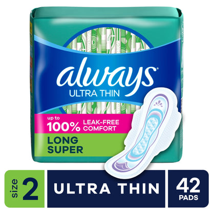 Always Maxi Pads with Wings, Size 2, Long Super Absorbency, 42 count