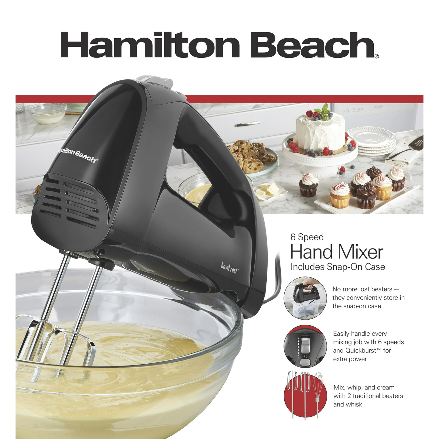 Hamilton Beach 6 Speed Hand Mixer, Quick Burst, Storage Case, New, Black/ Blue, 62690