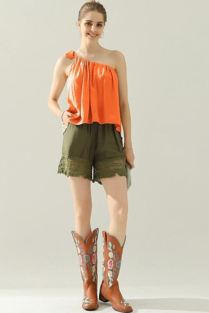 Ninexis One Shoulder Bow Tie Strap Satin Silk Top