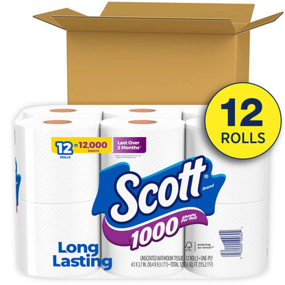 Scott 1000 Toilet Paper, 12 Rolls, 1,000 Sheets per Roll - Clog-Free Technology, Sustainable, Unscented - Bath, Tissue
