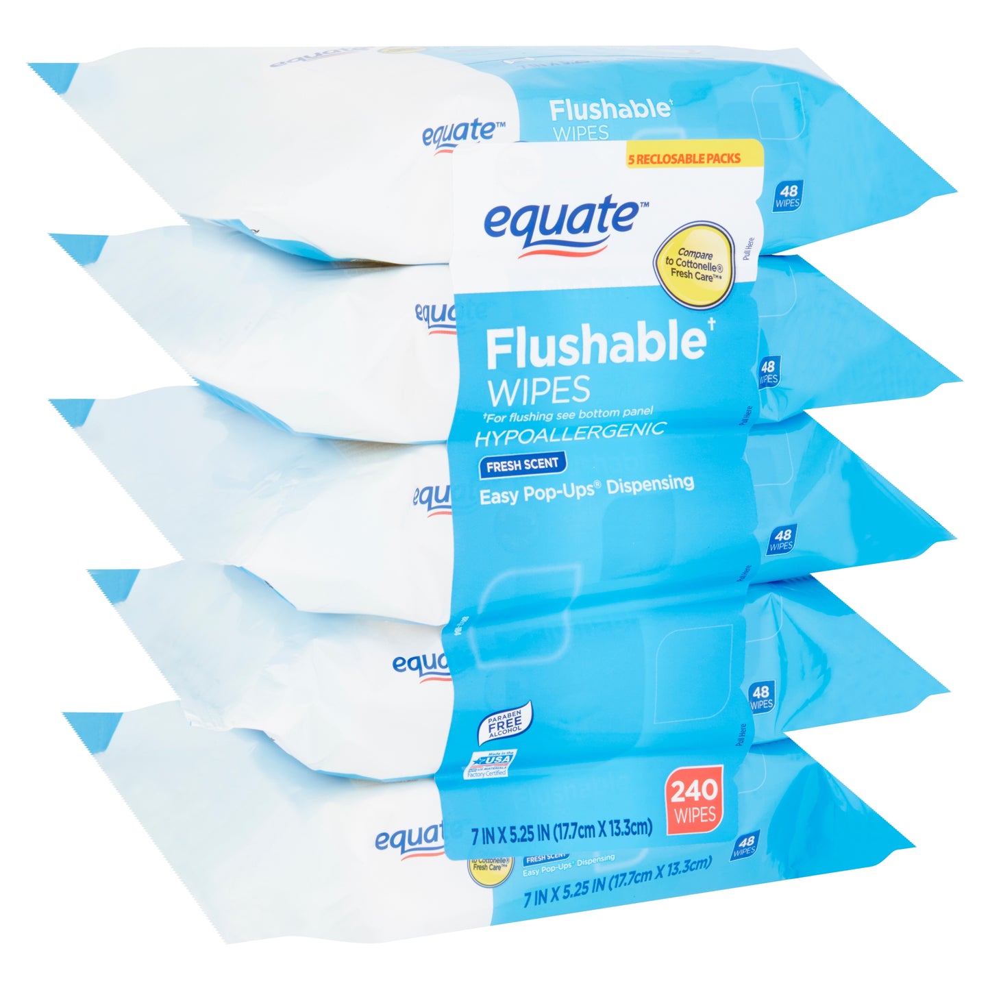 Equate Fresh Scent Flushable Wipes, 5 Packs of 48 Wipes, 240 Total Wipes - Hypoallergenic & Alcohol-Free - Cleaning, Flower
