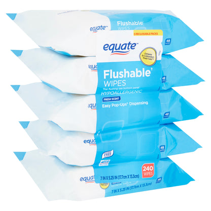 Equate Fresh Scent Flushable Wipes, 5 Packs of 48 Wipes, 240 Total Wipes - Hypoallergenic & Alcohol-Free - Cleaning, Flower