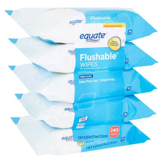 Equate Fresh Scent Flushable Wipes, 5 Packs of 48 Wipes, 240 Total Wipes - Hypoallergenic & Alcohol-Free - Cleaning, Flower