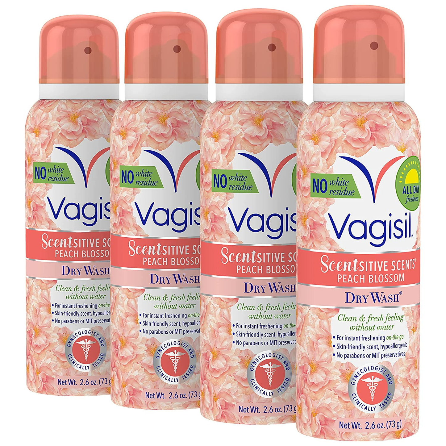 Vagisi Scentsitive Scents Dry Wash Spray, Peach Blossom, 2.6 oz., 4 Pack