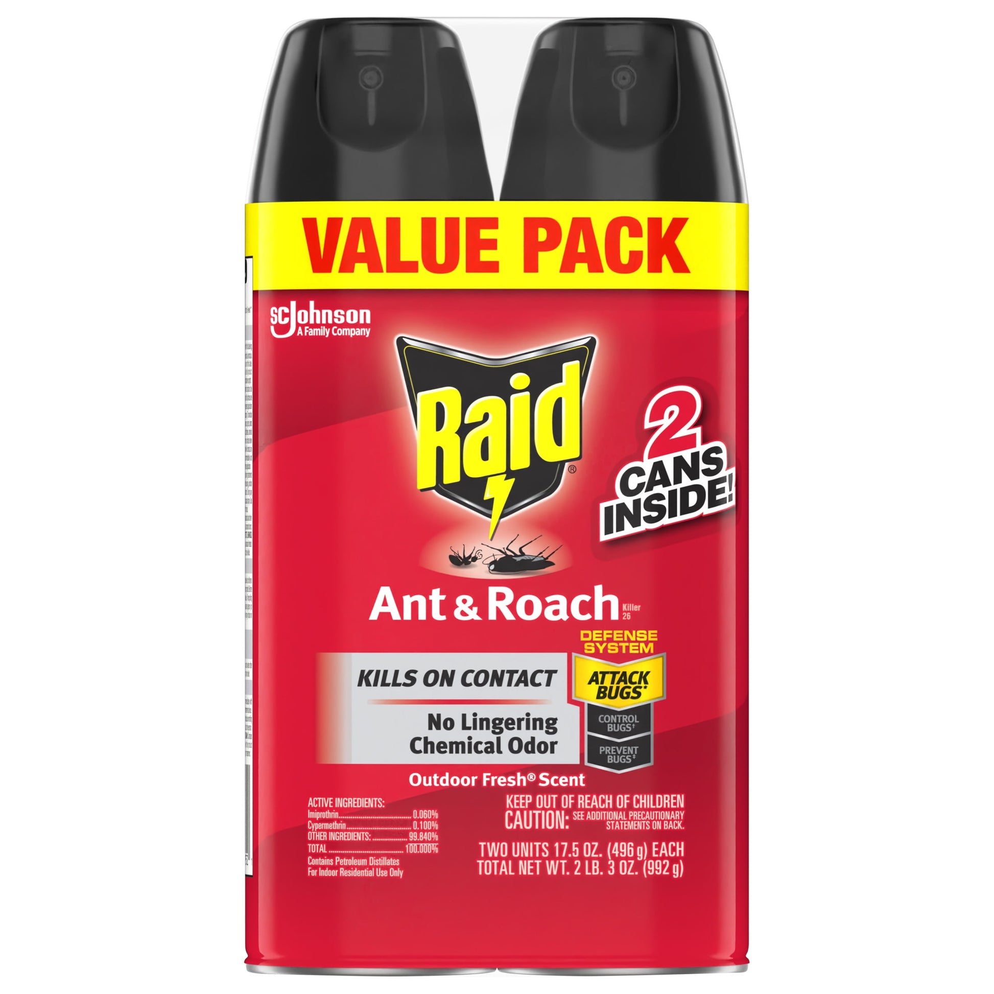 Raid Ant & Roach Insect Killer, Indoor Insecticide Spray, Outdoor Fresh Scent, 17.5 oz, Pack of 2