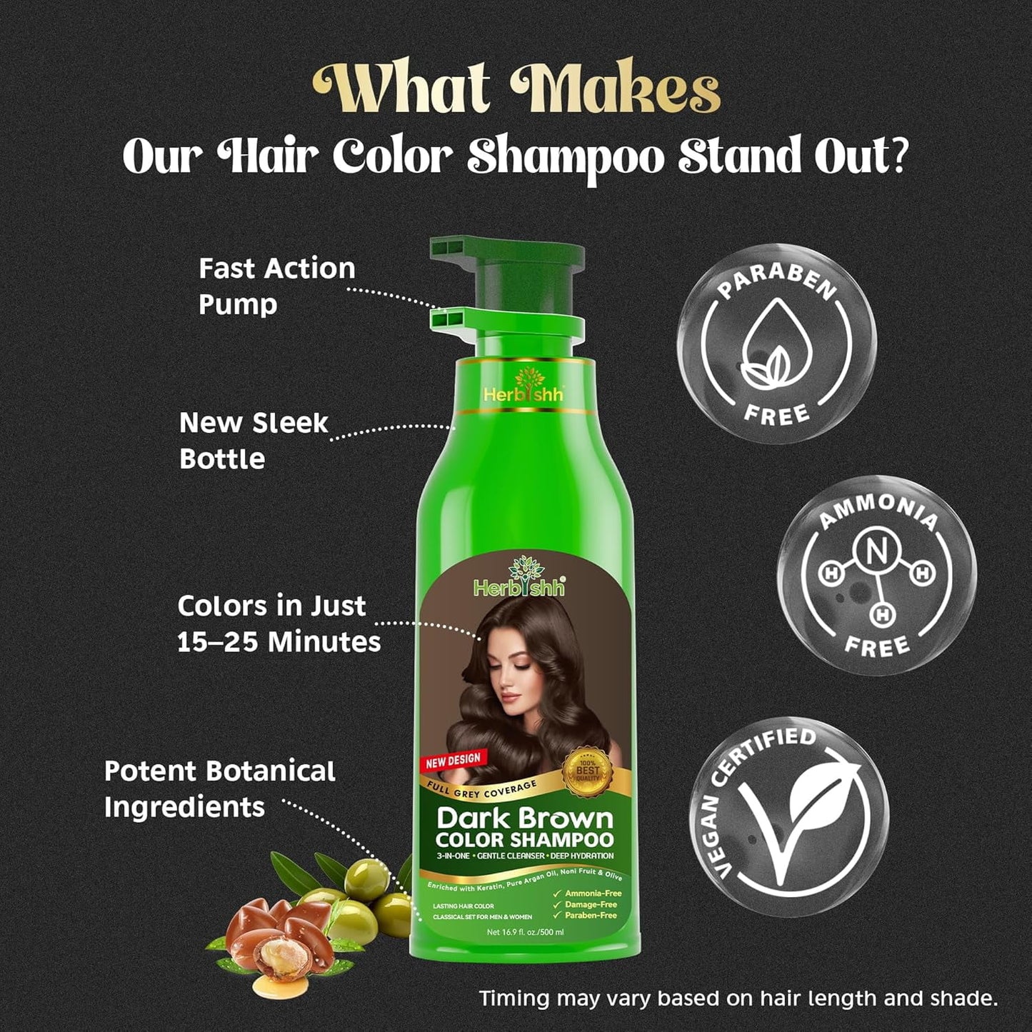 Herbishh Hair Color Shampoo Dark Brown 500ml 100% Gray Coverage Ammonia Free