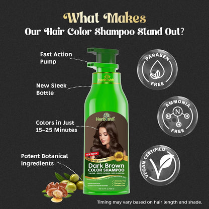 Herbishh Hair Color Shampoo Dark Brown 500ml 100% Gray Coverage Ammonia Free