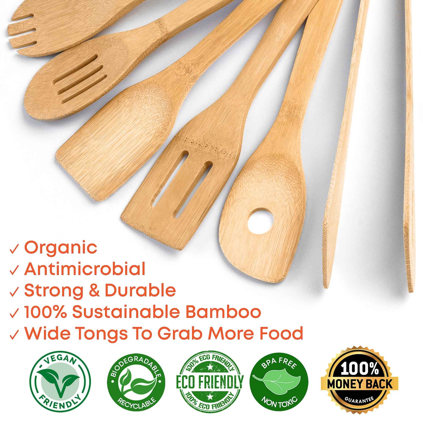 Bamboo Kitchen Utensils Set 8-Pack - Wooden Cooking Utensils for Nonstick Cookware - Wooden Cooking Spoons, Spatulas, Turner, Tongs, Utensil Holder