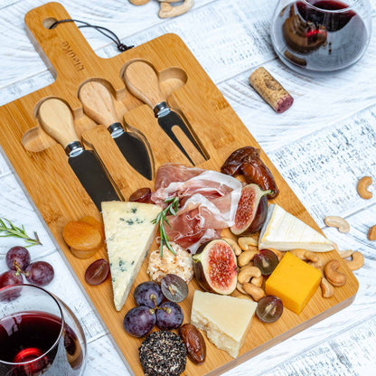 Bamboo Cheese Board and Knife Set - 12x8 inch Charcuterie Board with Magnetic Cutlery Storage - Wood Serving Tray with Handle