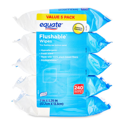 Equate Fresh Scent Flushable Wipes, 5 Packs of 48 Wipes, 240 Total Wipes - Hypoallergenic & Alcohol-Free - Cleaning, Flower