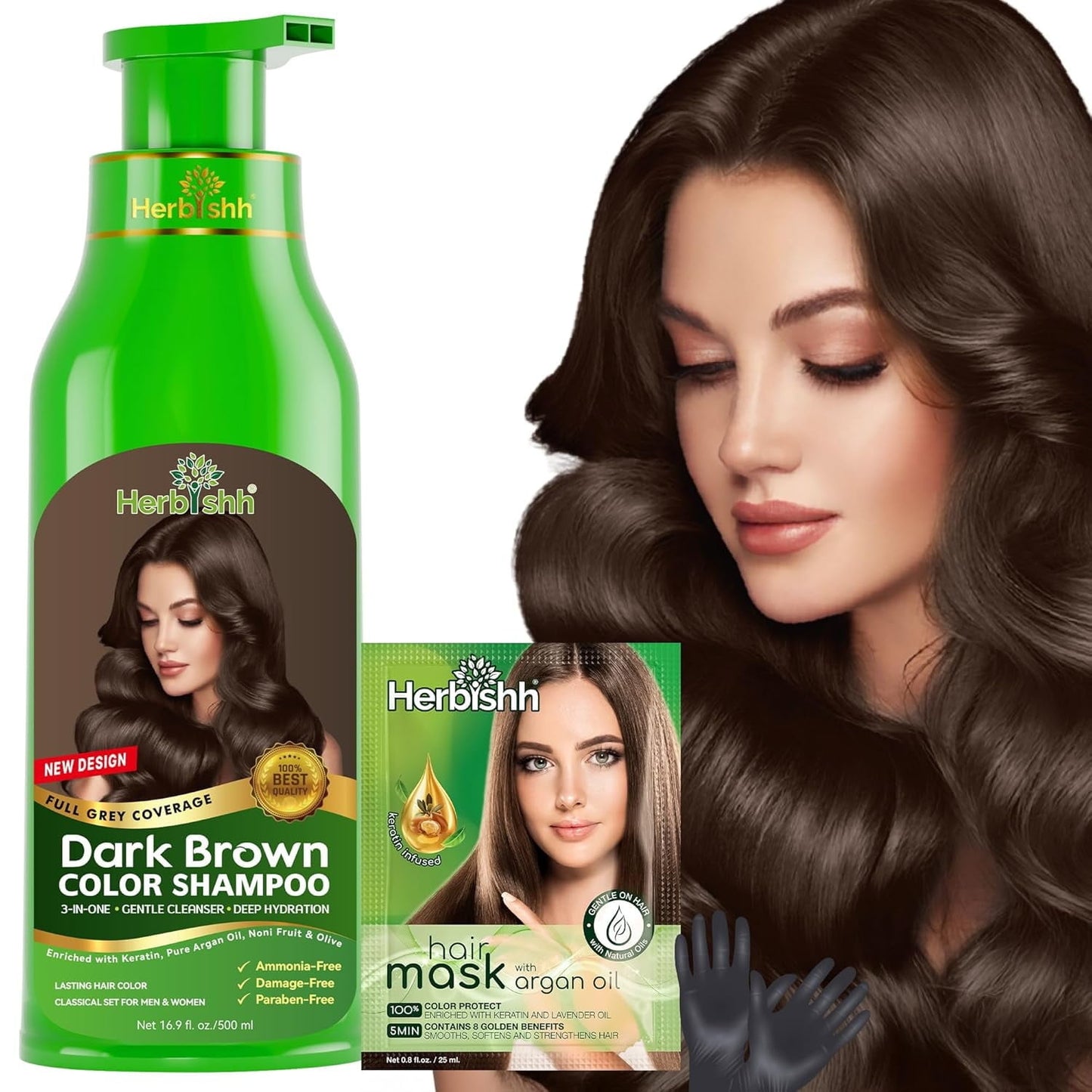 Herbishh Hair Color Shampoo Dark Brown 500ml 100% Gray Coverage Ammonia Free