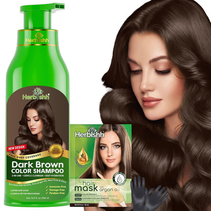 Herbishh Hair Color Shampoo Dark Brown 500ml 100% Gray Coverage Ammonia Free
