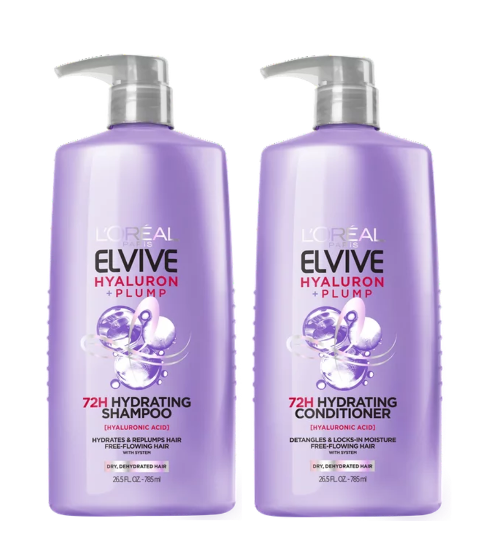 L'Oreal Paris Elvive Hyaluron Plump Hydrating Shampoo and Conditioner Set with Hyaluronic Acid, 26.5 fl oz