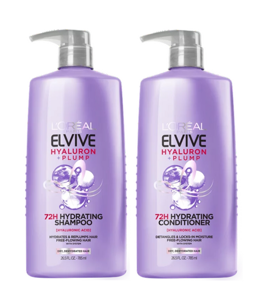 L'Oreal Paris Elvive Hyaluron Plump Hydrating Shampoo and Conditioner Set with Hyaluronic Acid, 26.5 fl oz