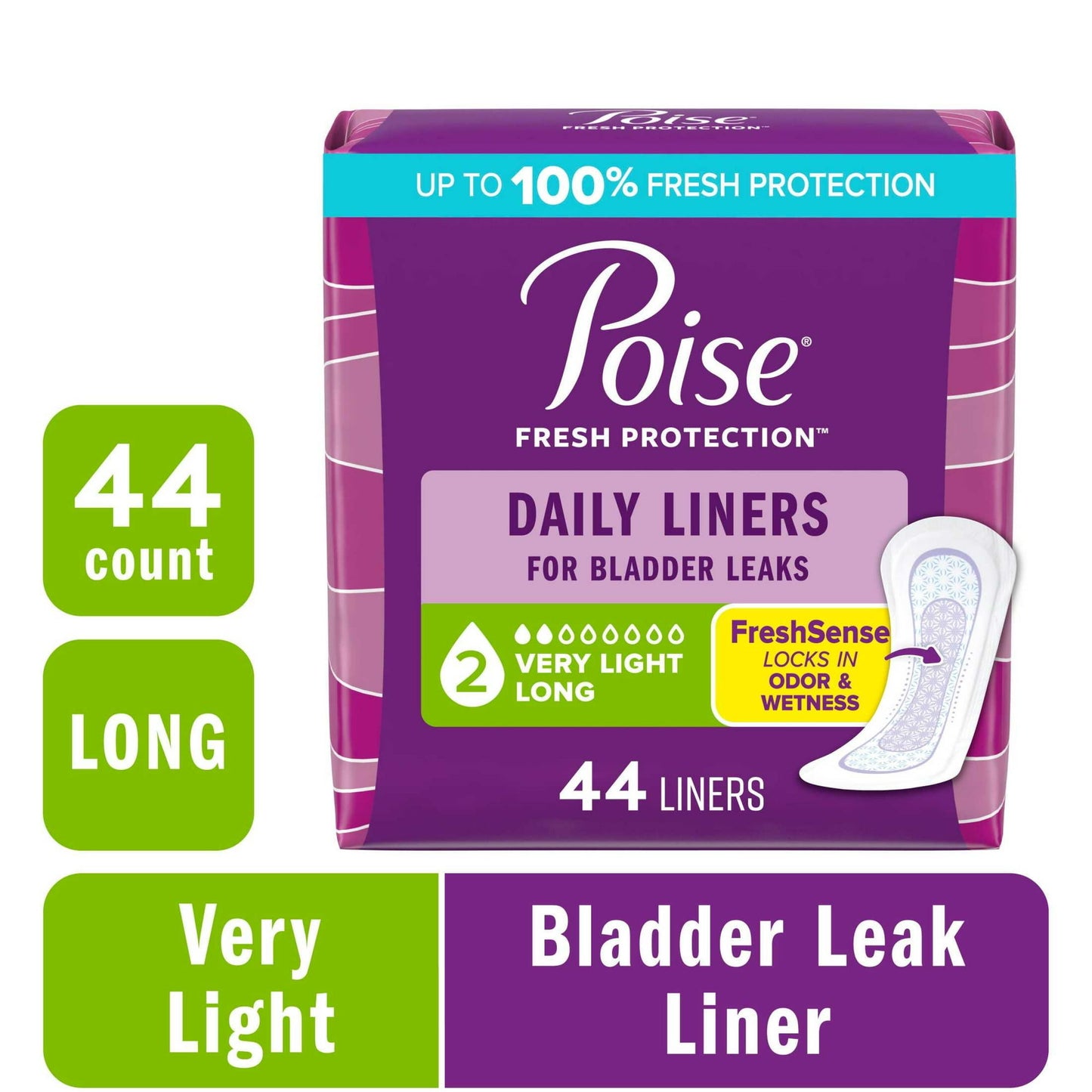 Poise Daily Incontinence Panty Liners, Long, Very Light Absorbency (44 Count)