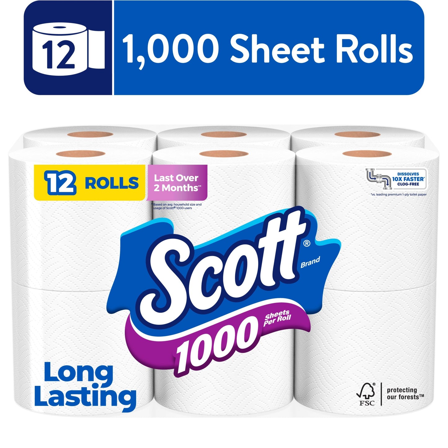 Scott 1000 Toilet Paper, 12 Rolls, 1,000 Sheets per Roll - Clog-Free Technology, Sustainable, Unscented - Bath, Tissue