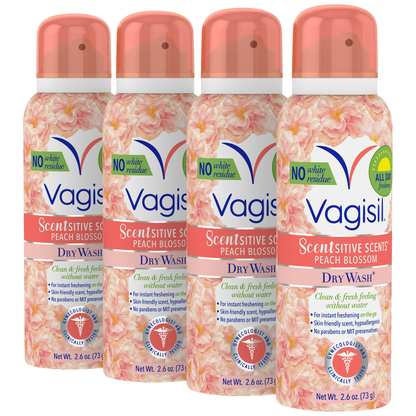 Vagisi Scentsitive Scents Dry Wash Spray, Peach Blossom, 2.6 oz., 4 Pack