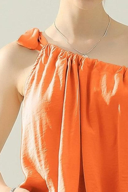 Ninexis One Shoulder Bow Tie Strap Satin Silk Top