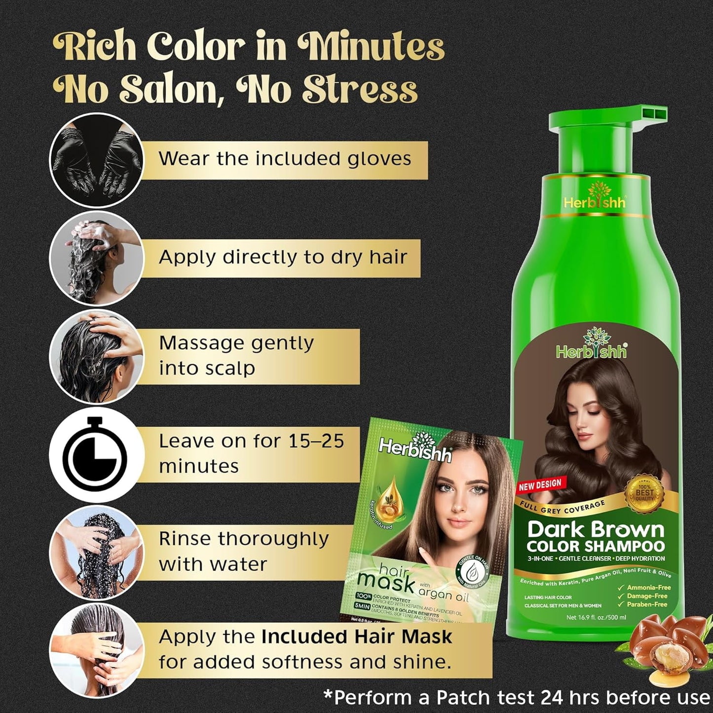 Herbishh Hair Color Shampoo Dark Brown 500ml 100% Gray Coverage Ammonia Free