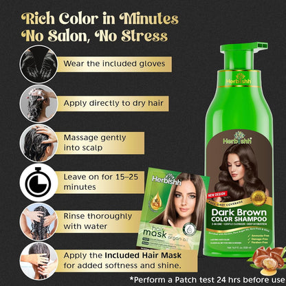 Herbishh Hair Color Shampoo Dark Brown 500ml 100% Gray Coverage Ammonia Free