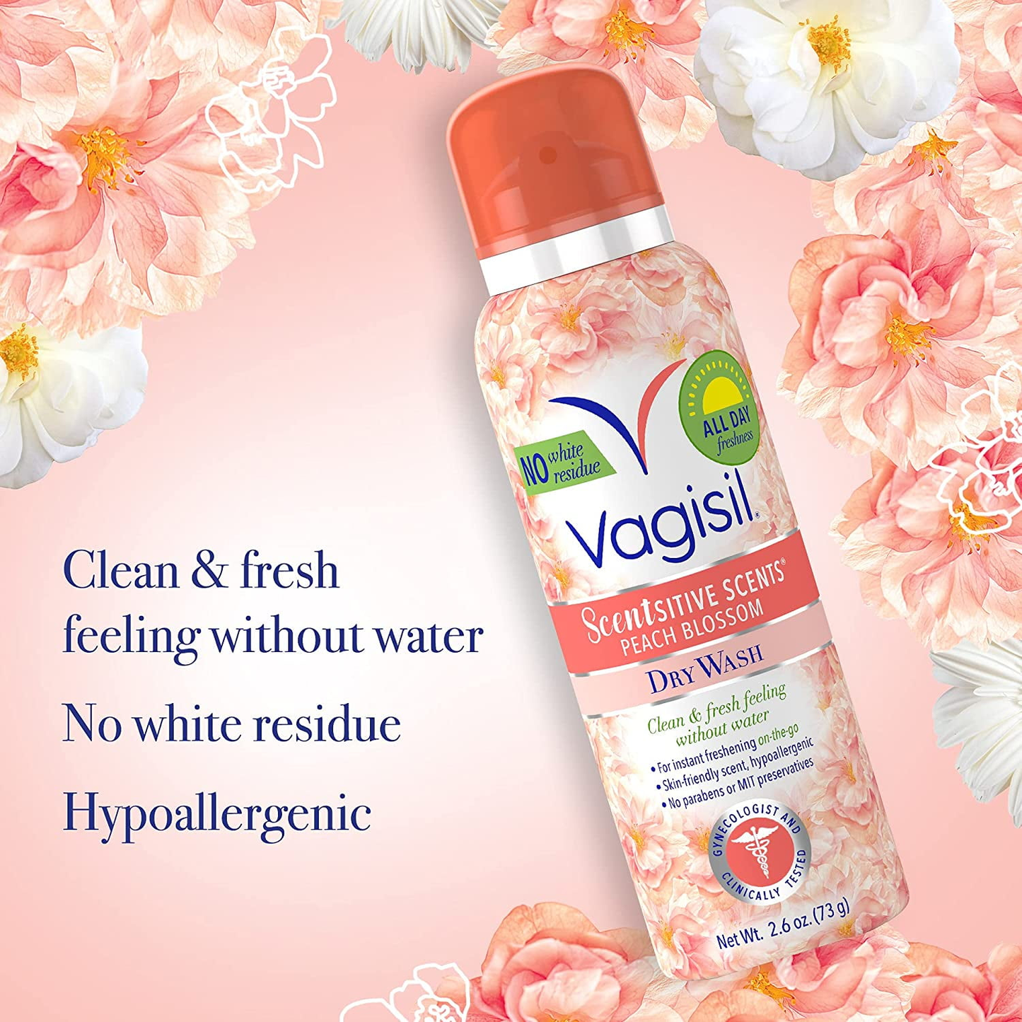 Vagisi Scentsitive Scents Dry Wash Spray, Peach Blossom, 2.6 oz., 4 Pack