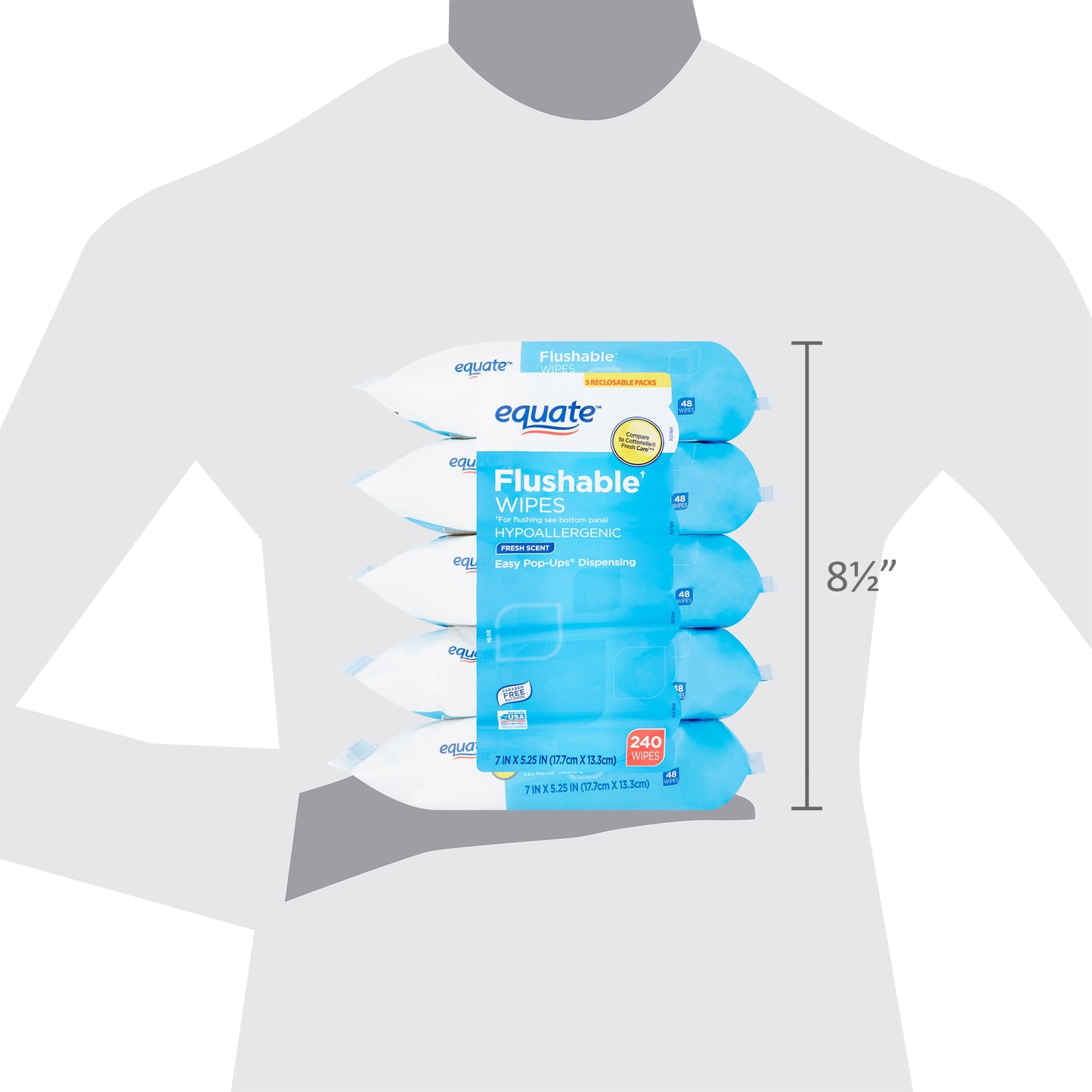 Equate Fresh Scent Flushable Wipes, 5 Packs of 48 Wipes, 240 Total Wipes - Hypoallergenic & Alcohol-Free - Cleaning, Flower