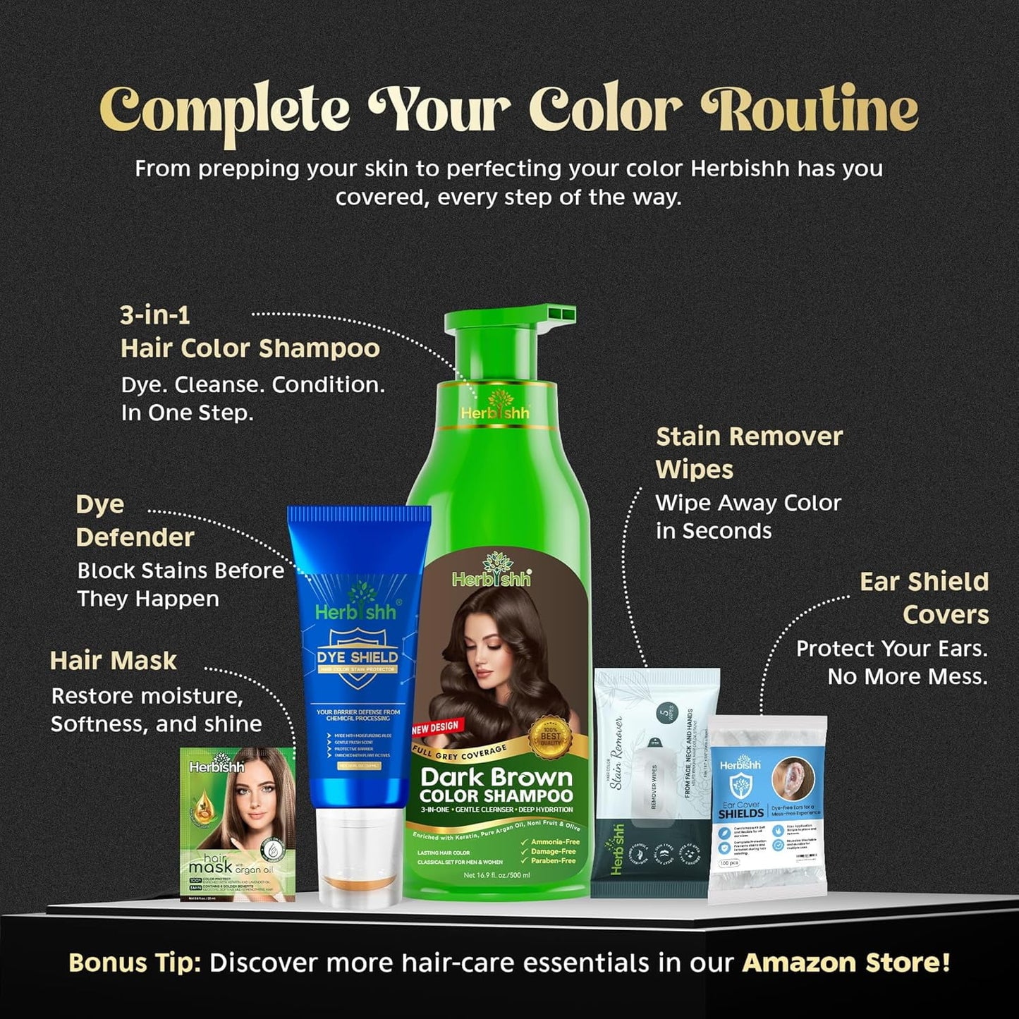 Herbishh Hair Color Shampoo Dark Brown 500ml 100% Gray Coverage Ammonia Free