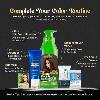Herbishh Hair Color Shampoo Dark Brown 500ml 100% Gray Coverage Ammonia Free