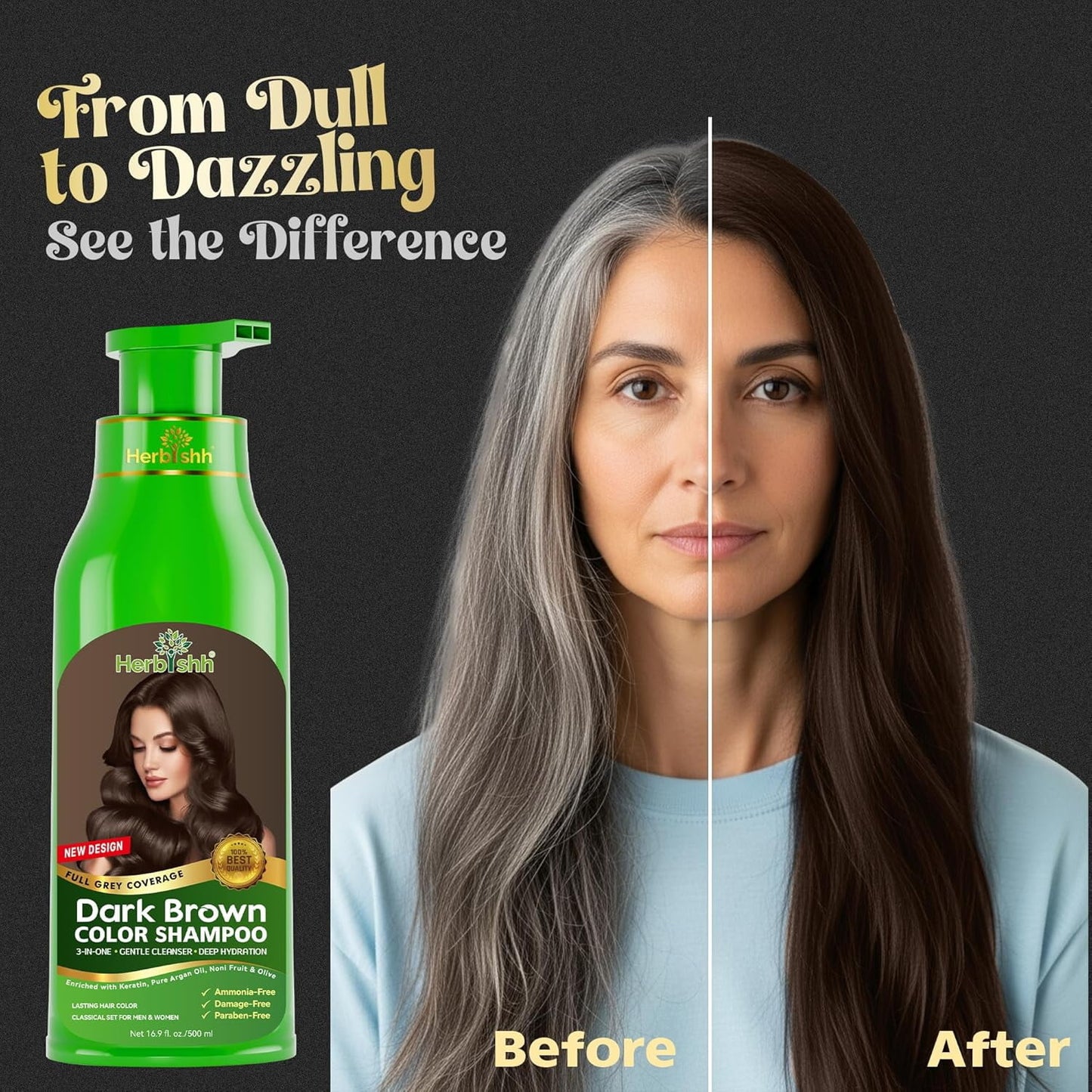 Herbishh Hair Color Shampoo Dark Brown 500ml 100% Gray Coverage Ammonia Free