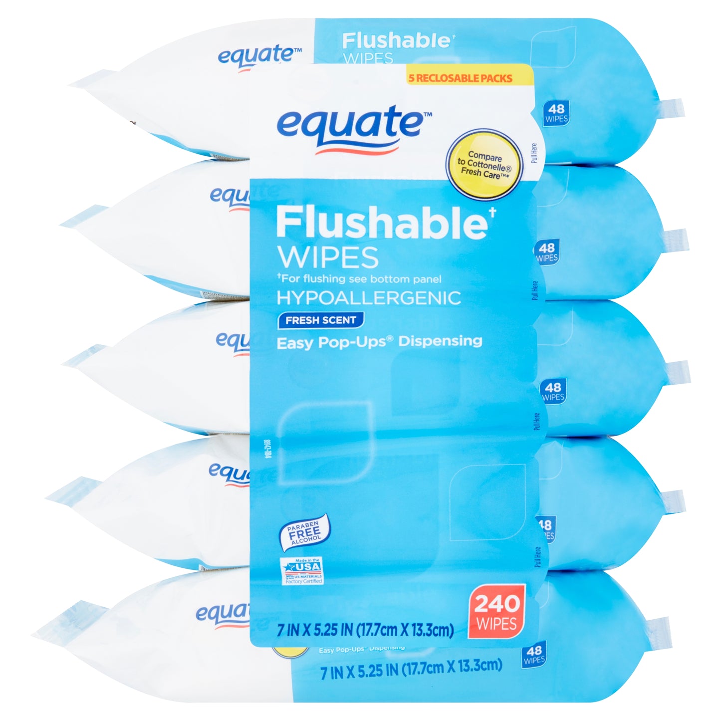 Equate Fresh Scent Flushable Wipes, 5 Packs of 48 Wipes, 240 Total Wipes - Hypoallergenic & Alcohol-Free - Cleaning, Flower