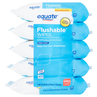 Equate Fresh Scent Flushable Wipes, 5 Packs of 48 Wipes, 240 Total Wipes - Hypoallergenic & Alcohol-Free - Cleaning, Flower