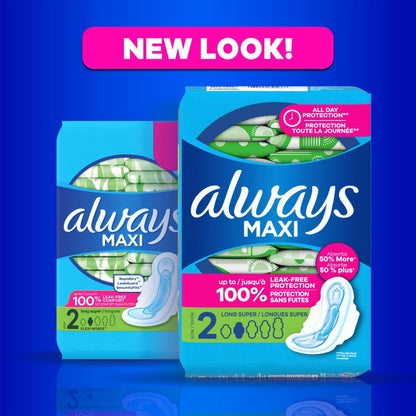 Always Maxi Pads with Wings, Size 2, Long Super Absorbency, 42 count