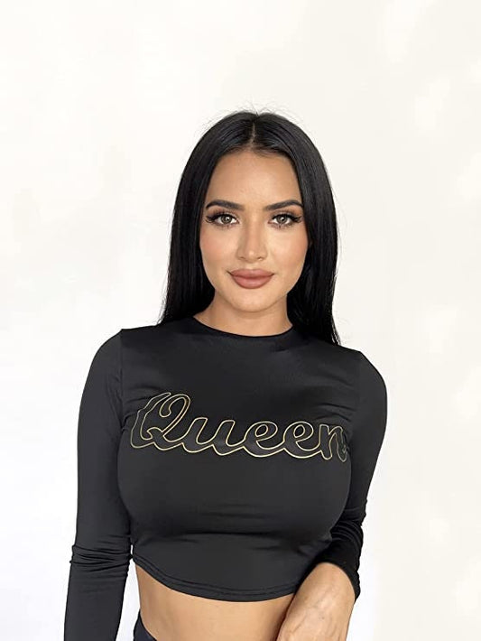 Long Sleeve Crew Neck Fitted Crop Top | Print Queen Long Sleeve Top